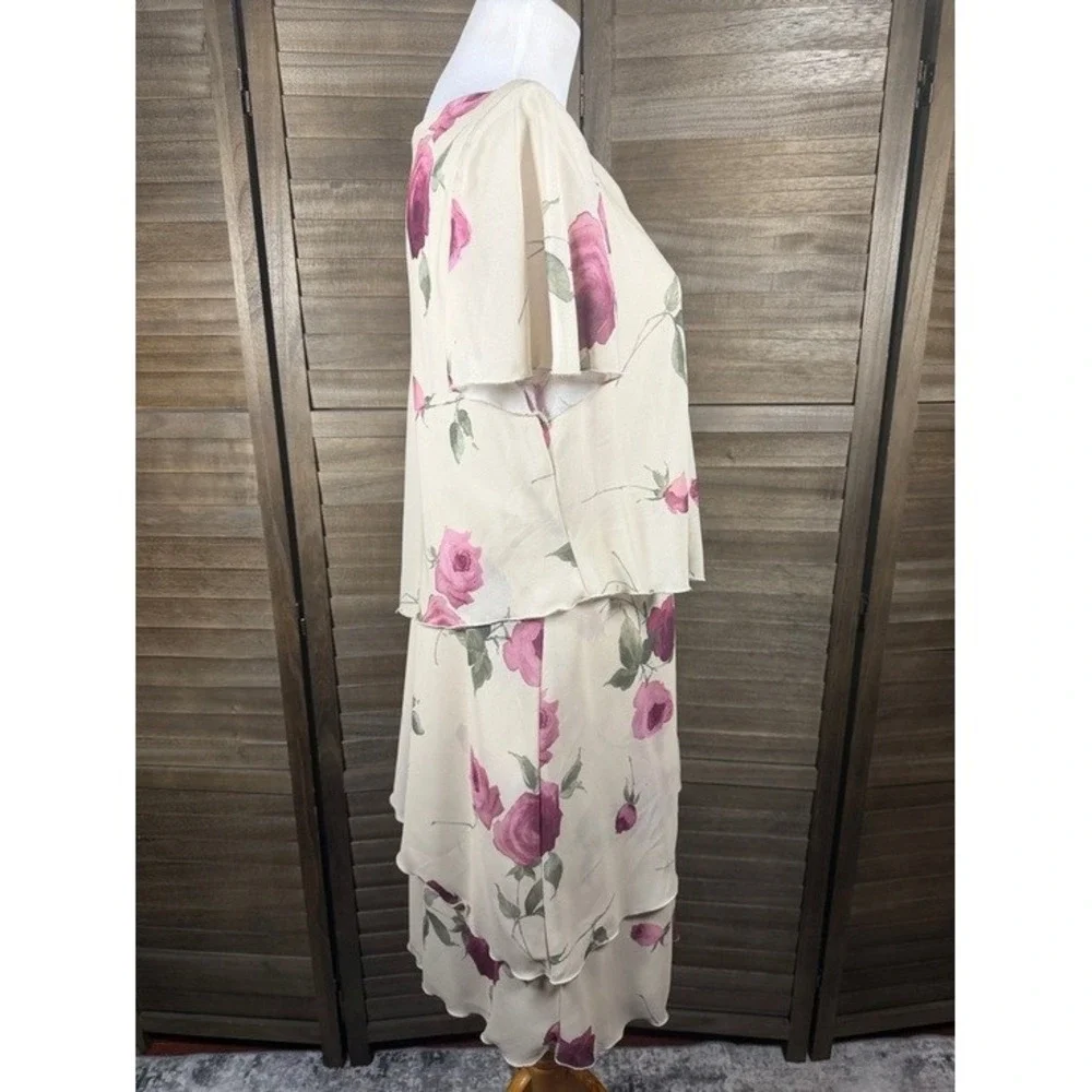 R&M Richards Karen Kwong Sand Pink Rose Floral Tiered Midi Dress Womens 14‎ NWT